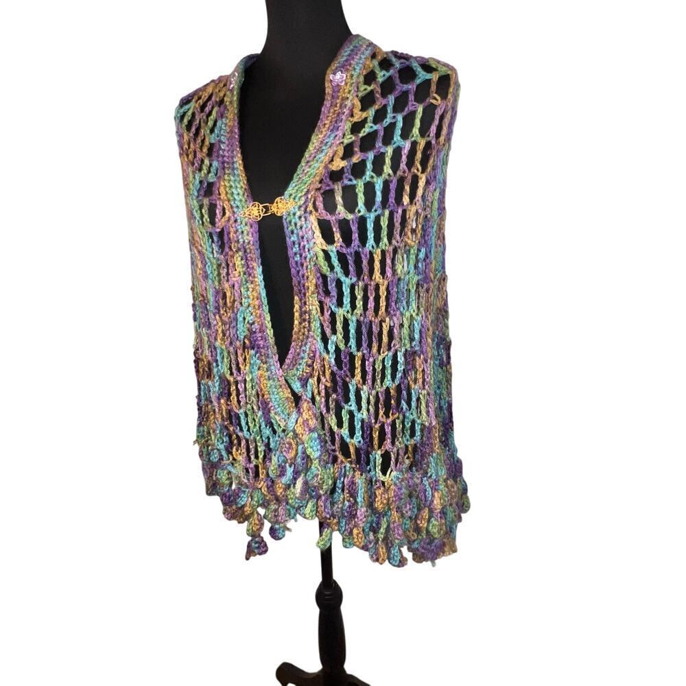 Open knit‎ crochet pastel bobble gold-tone clasp  hand knitted Gypsy Girl Shawl